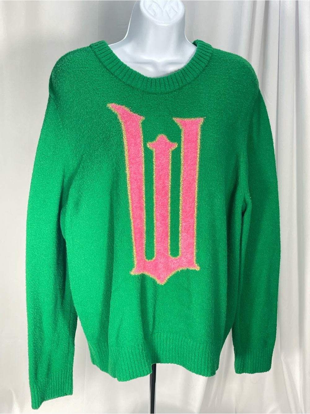 Wicked Paul Tazewell Green Knit Sweater. Vibrant Green & Pink w/gold trim. Sz L